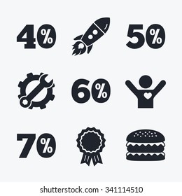 Award achievement, spanner and cog, startup rocket and burger. Sale discount icons. Special offer price signs. 40, 50, 60 and 70 percent off reduction symbols. Flat icons.
