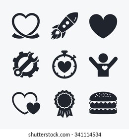 Award achievement, spanner and cog, startup rocket and burger. Heart ribbon icon. Timer stopwatch symbol. Love and Heartbeat palpitation signs. Flat icons.