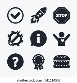 Award achievement, spanner and cog, startup rocket and burger. Information icons. Stop prohibition and question FAQ mark signs. Approved check mark symbol. Flat icons.