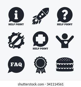 Award achievement, spanner and cog, startup rocket and burger. Help point icons. Question and information symbols. FAQ speech bubble signs. Flat icons.