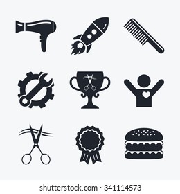 Award achievement, spanner and cog, startup rocket and burger. Hairdresser icons. Scissors cut hair symbol. Comb hair with hairdryer symbol. Barbershop winner award cup. Flat icons.