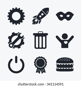 Award achievement, spanner and cog, startup rocket and burger. Anonymous mask and cogwheel gear icons. Recycle bin delete and power sign symbols. Flat icons.