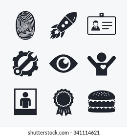 Award achievement, spanner and cog, startup rocket and burger. Identity ID card badge icons. Eye and fingerprint symbols. Authentication signs. Photo frame with human person. Flat icons.