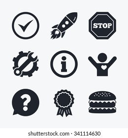 Award achievement, spanner and cog, startup rocket and burger. Information icons. Stop prohibition and question FAQ mark speech bubble signs. Approved check mark symbol. Flat icons.