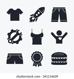 Award achievement, spanner and cog, startup rocket and burger. Clothes icons. T-shirt and bermuda shorts signs. Swimming trunks symbol. Flat icons.