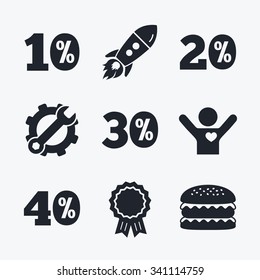 Award achievement, spanner and cog, startup rocket and burger. Sale discount icons. Special offer price signs. 10, 20, 30 and 40 percent off reduction symbols. Flat icons.