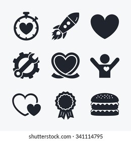 Award achievement, spanner and cog, startup rocket and burger. Heart ribbon icon. Timer stopwatch symbol. Love and Heartbeat palpitation signs. Flat icons.