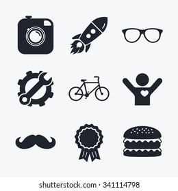 Award achievement, spanner and cog, startup rocket and burger. Hipster photo camera with mustache icon. Glasses symbol. Bicycle family vehicle sign. Flat icons.
