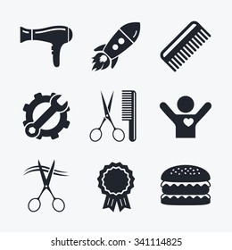 Award achievement, spanner and cog, startup rocket and burger. Hairdresser icons. Scissors cut hair symbol. Comb hair with hairdryer sign. Flat icons.