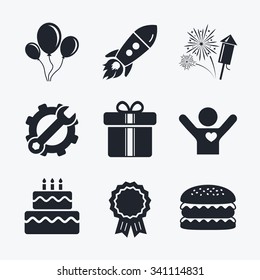 Award achievement, spanner and cog, startup rocket and burger. Birthday party icons. Cake and gift box signs. Air balloons and fireworks symbol. Flat icons.