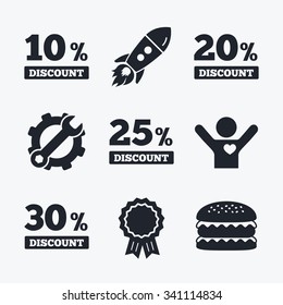 Award achievement, spanner and cog, startup rocket and burger. Sale discount icons. Special offer price signs. 10, 20, 25 and 30 percent off reduction symbols. Flat icons.