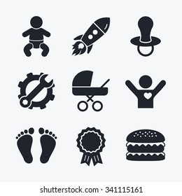 Award achievement, spanner and cog, startup rocket and burger. Baby infants icons. Toddler boy with diapers symbol. Buggy and dummy signs. Child pacifier and pram stroller. Child footprint step sign.