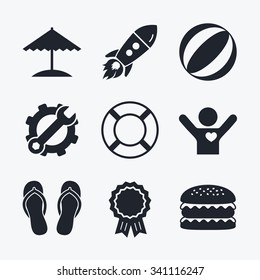 Award achievement, spanner and cog, startup rocket and burger. Beach holidays icons. Ball, umbrella and flip-flops sandals signs. Lifebuoy symbol. Flat icons.