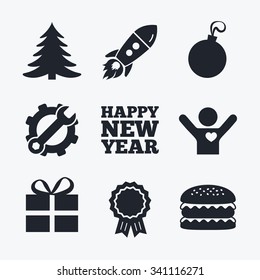 Award achievement, spanner and cog, startup rocket and burger. Happy new year icon. Christmas tree and gift box sign symbols. Flat icons.