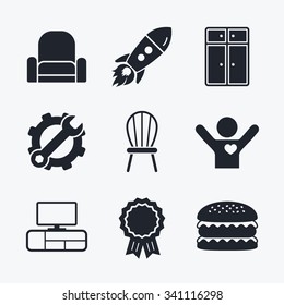 Award achievement, spanner and cog, startup rocket and burger. Furniture icons. Cupboard, chair and TV table signs. Modern armchair symbol. Flat icons.