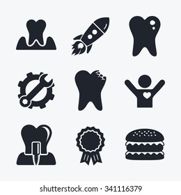 Award achievement, spanner and cog, startup rocket and burger. Dental care icons. Caries tooth sign. Tooth endosseous implant symbol. Parodontosis gingivitis sign. Flat icons.