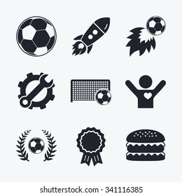 Award achievement, spanner and cog, startup rocket and burger. Football icons. Soccer ball sport sign. Goalkeeper gate symbol. Winner award laurel wreath. Goalscorer fireball. Flat icons.