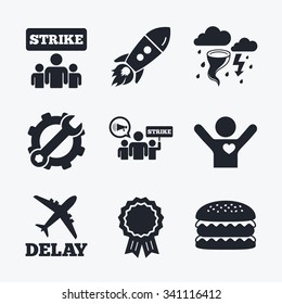 Award achievement, spanner and cog, startup rocket and burger. Strike icon. Storm bad weather and group of people signs. Delayed flight symbol. Flat icons.