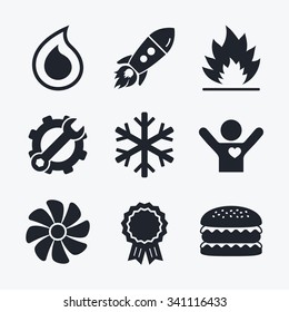 Award achievement, spanner and cog, startup rocket and burger. HVAC icons. Heating, ventilating and air conditioning symbols. Water supply. Climate control technology signs. Flat icons.