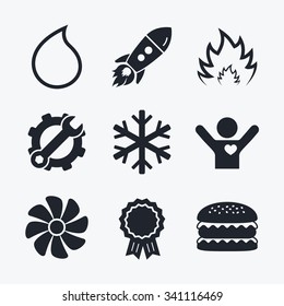 Award achievement, spanner and cog, startup rocket and burger. HVAC icons. Heating, ventilating and air conditioning symbols. Water supply. Climate control technology signs. Flat icons.