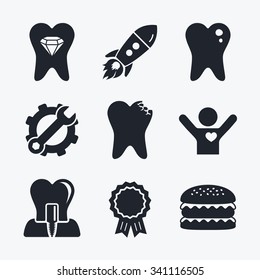 Award achievement, spanner and cog, startup rocket and burger. Dental care icons. Caries tooth sign. Tooth endosseous implant symbol. Tooth crystal jewellery. Flat icons.