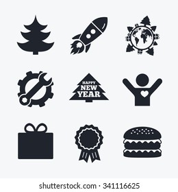 Award achievement, spanner and cog, startup rocket and burger. Happy new year icon. Christmas trees and gift box signs. World globe symbol. Flat icons.
