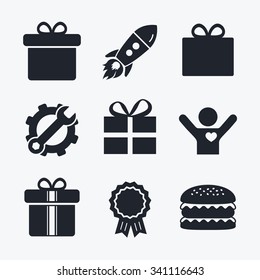 Award achievement, spanner and cog, startup rocket and burger. Gift box sign icons. Present with bow and ribbons sign symbols. Flat icons.