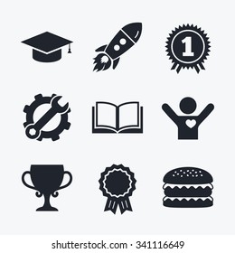 Award achievement, spanner and cog, startup rocket and burger. Graduation icons. Graduation student cap sign. Education book symbol. First place award. Winners cup. Flat icons.