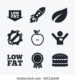 Award achievement, spanner and cog, startup rocket and burger. Low fat arrow icons. Diets and vegetarian food signs. Apple with leaf symbol. Flat icons.