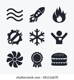 Award achievement, spanner and cog, startup rocket and burger. HVAC icons. Heating, ventilating and air conditioning symbols. Water supply. Climate control technology signs. Flat icons.