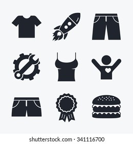 Award achievement, spanner and cog, startup rocket and burger. Clothes icons. T-shirt and pants with shorts signs. Swimming trunks symbol. Flat icons.