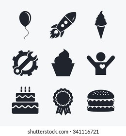 Award achievement, spanner and cog, startup rocket and burger. Birthday party icons. Cake with ice cream signs. Air balloon with rope symbol. Flat icons.