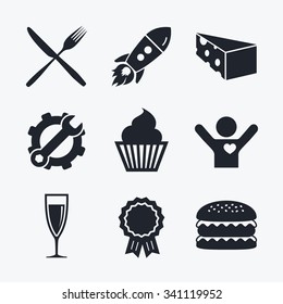 Award achievement, spanner and cog, startup rocket and burger. Food icons. Muffin cupcake symbol. Fork and knife sign. Glass of champagne or wine. Slice of cheese. Flat icons.