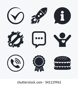 Award achievement, spanner and cog, startup rocket and burger. Check or Tick icon. Phone call and Information signs. Support communication chat bubble symbol. Flat icons.