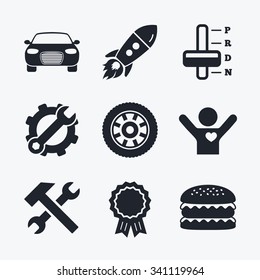 Award achievement, spanner and cog, startup rocket and burger. Transport icons. Car tachometer and automatic transmission symbols. Repair service tool with wheel sign. Flat icons.