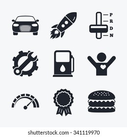 Award achievement, spanner and cog, startup rocket and burger. Transport icons. Car tachometer and automatic transmission symbols. Petrol or Gas station sign. Flat icons.