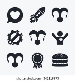 Award achievement, spanner and cog, startup rocket and burger. Couple love icon. Lesbian and Gay lovers signs. Romantic homosexual relationships. Speech bubble with heart symbol. Flat icons.
