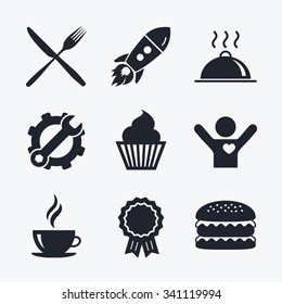 Award achievement, spanner and cog, startup rocket and burger. Food and drink icons. Muffin cupcake symbol. Fork and knife sign. Hot coffee cup. Food platter serving. Flat icons.