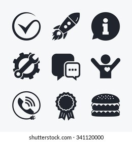 Award achievement, spanner and cog, startup rocket and burger. Check or Tick icon. Phone call and Information signs. Support communication chat bubble symbol. Flat icons.