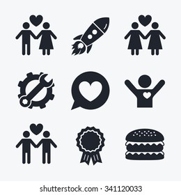 Award achievement, spanner and cog, startup rocket and burger. Couple love icon. Lesbian and Gay lovers signs. Romantic homosexual relationships. Speech bubble with heart symbol. Flat icons.