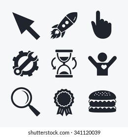 Award achievement, spanner and cog, startup rocket and burger. Mouse cursor and hand pointer icons. Hourglass and magnifier glass navigation sign symbols. Flat icons.