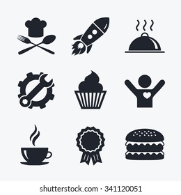 Award achievement, spanner and cog, startup rocket and burger. Food and drink icons. Muffin cupcake symbol. Fork and spoon with Chef hat sign. Hot coffee cup. Food platter serving. Flat icons.