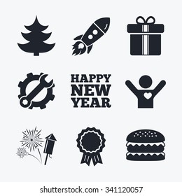 Award achievement, spanner and cog, startup rocket and burger. Happy new year icon. Christmas tree and gift box signs. Fireworks rocket symbol. Flat icons.
