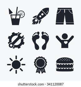 Award achievement, spanner and cog, startup rocket and burger. Beach holidays icons. Cocktail, human footprints and swimming trunks signs. Summer sun symbol. Flat icons.