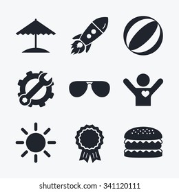 Award achievement, spanner and cog, startup rocket and burger. Beach holidays icons. Ball, umbrella and sunglasses signs. Summer sun symbol. Flat icons.
