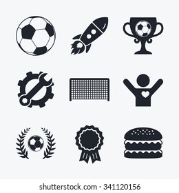 Award achievement, spanner and cog, startup rocket and burger. Football icons. Soccer ball sport sign. Goalkeeper gate symbol. Winner award cup and laurel wreath. Flat icons.