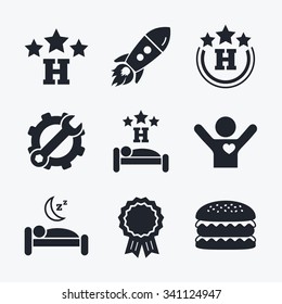 Award achievement, spanner and cog, startup rocket and burger. Three stars hotel icons. Travel rest place symbols. Human sleep in bed sign. Flat icons.