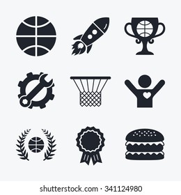 Award achievement, spanner and cog, startup rocket and burger. Basketball sport icons. Ball with basket and award cup signs. Laurel wreath symbol. Flat icons.