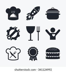 Award achievement, spanner and cog, startup rocket and burger. Chief hat and cooking pan icons. Crosswise fork and knife signs. Boil or stew food symbols. Flat icons.