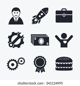 Award achievement, spanner and cog, startup rocket and burger. Businessman icons. Human silhouette and cash money signs. Case and gear symbols. Flat icons.